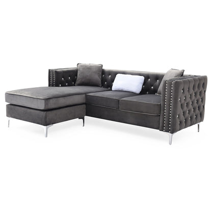 Canapé 3 places en L en velours capitonné avec coussins décoratifs - 87 - Gris