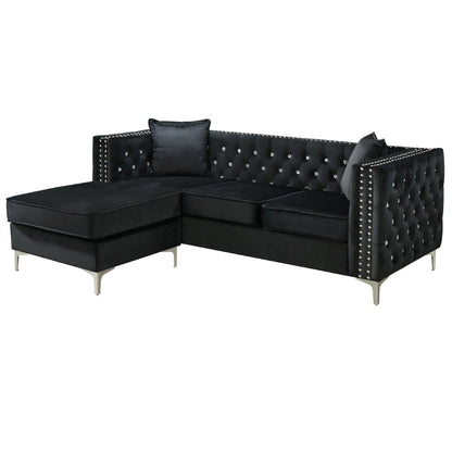 Canapé sectionnel capitonné en velours avec coussins décoratifs - 87 - Noir