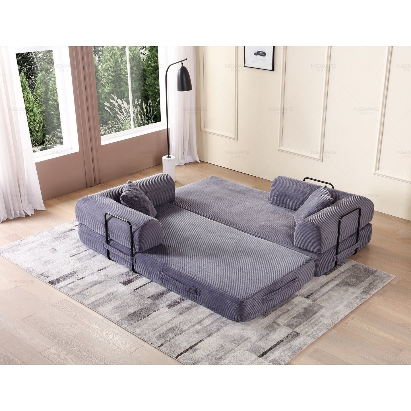 Canapé-lit convertible 2 pièces Twilight, matelas pliant en velours côtelé avec cadre fixe pour un espace de vie confortable.