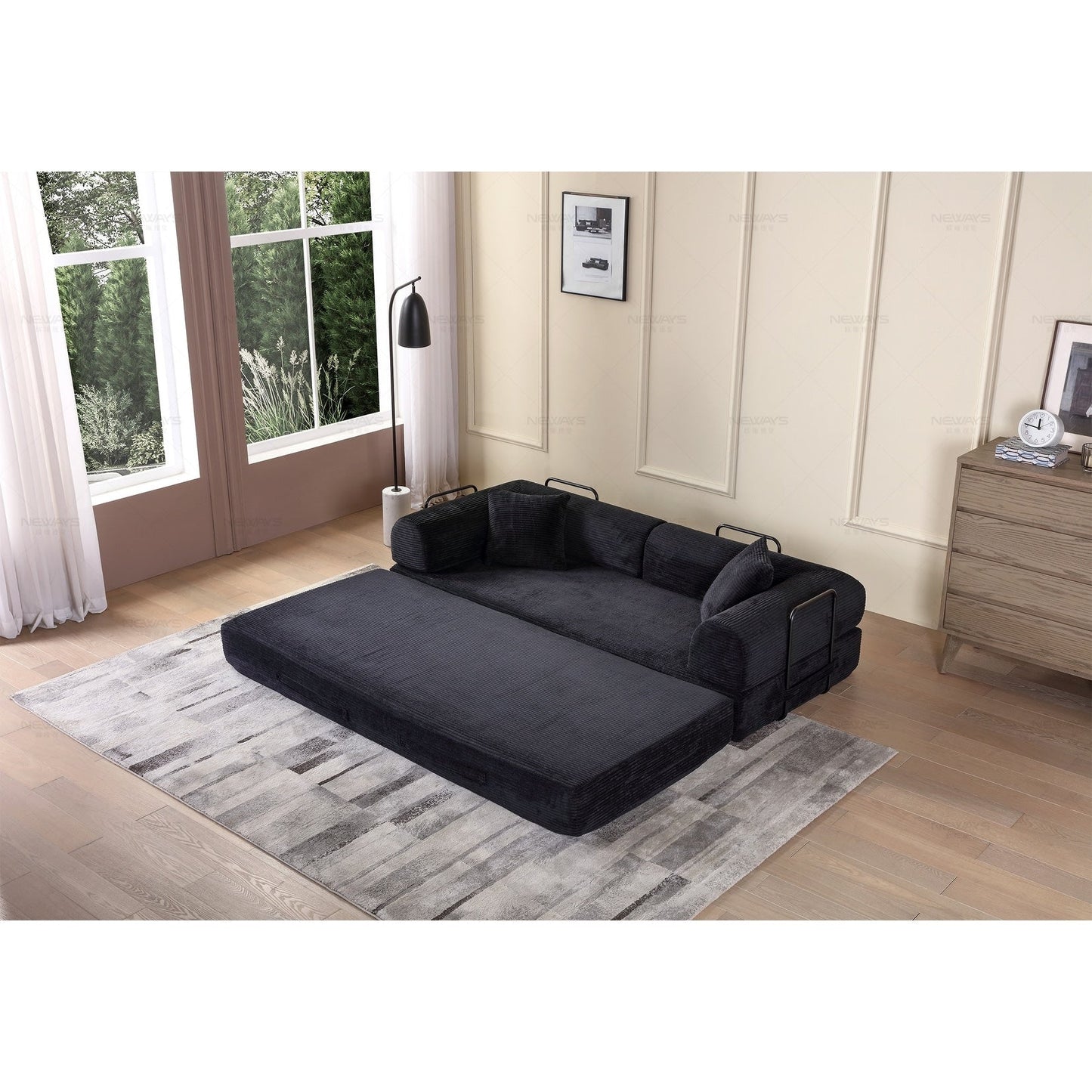 Canapé-lit convertible 2 pièces Twilight, matelas pliant en velours côtelé avec cadre fixe pour un espace de vie confortable.