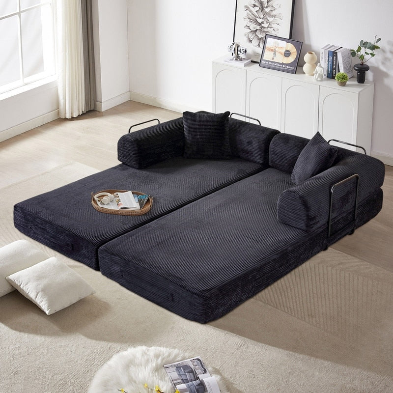 Canapé-lit convertible 2 pièces Twilight, matelas pliant en velours côtelé avec cadre fixe pour un espace de vie confortable.