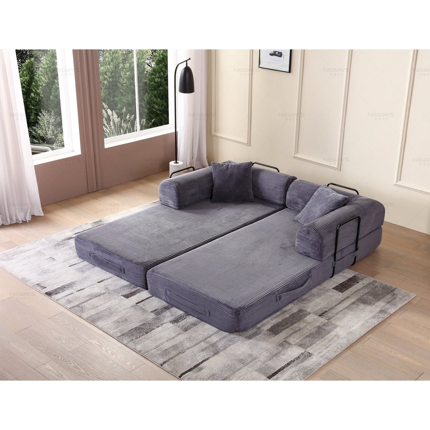 Canapé-lit convertible 2 pièces Twilight, matelas pliant en velours côtelé avec cadre fixe pour un espace de vie confortable.