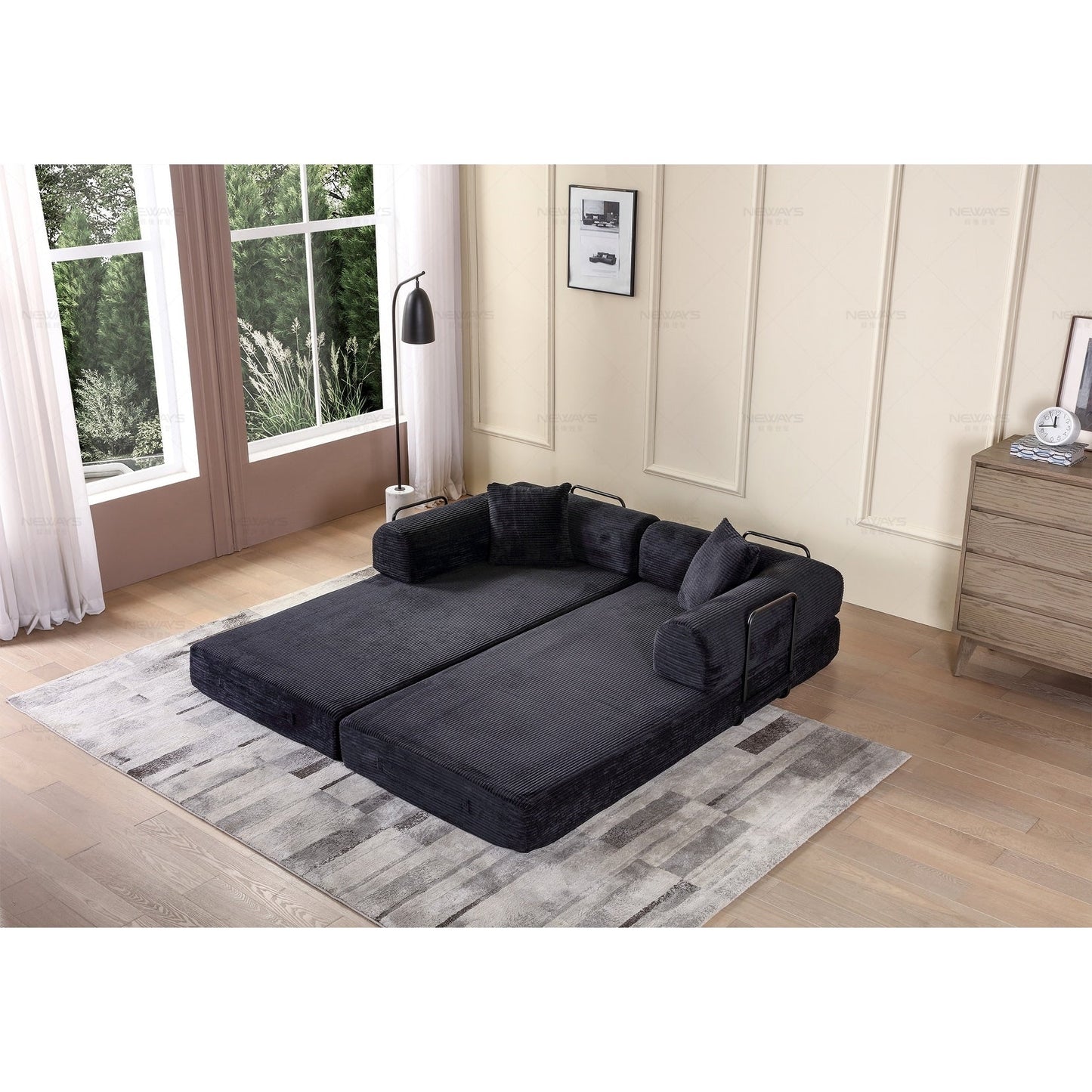 Canapé-lit convertible 2 pièces Twilight, matelas pliant en velours côtelé avec cadre fixe pour un espace de vie confortable.