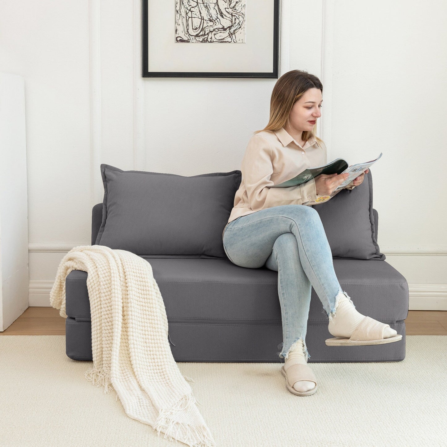 Canapé-lit convertible double - Canapé-lit pliant multifonctionnel avec oreiller et dossier réglable, idéal pour les dortoirs/chambres d'amis