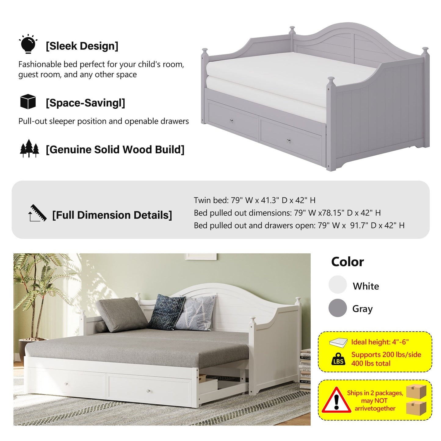 Lit de repos double en bois avec tiroirs de rangement, canapé-lit en bois pour salon, chambre d'amis