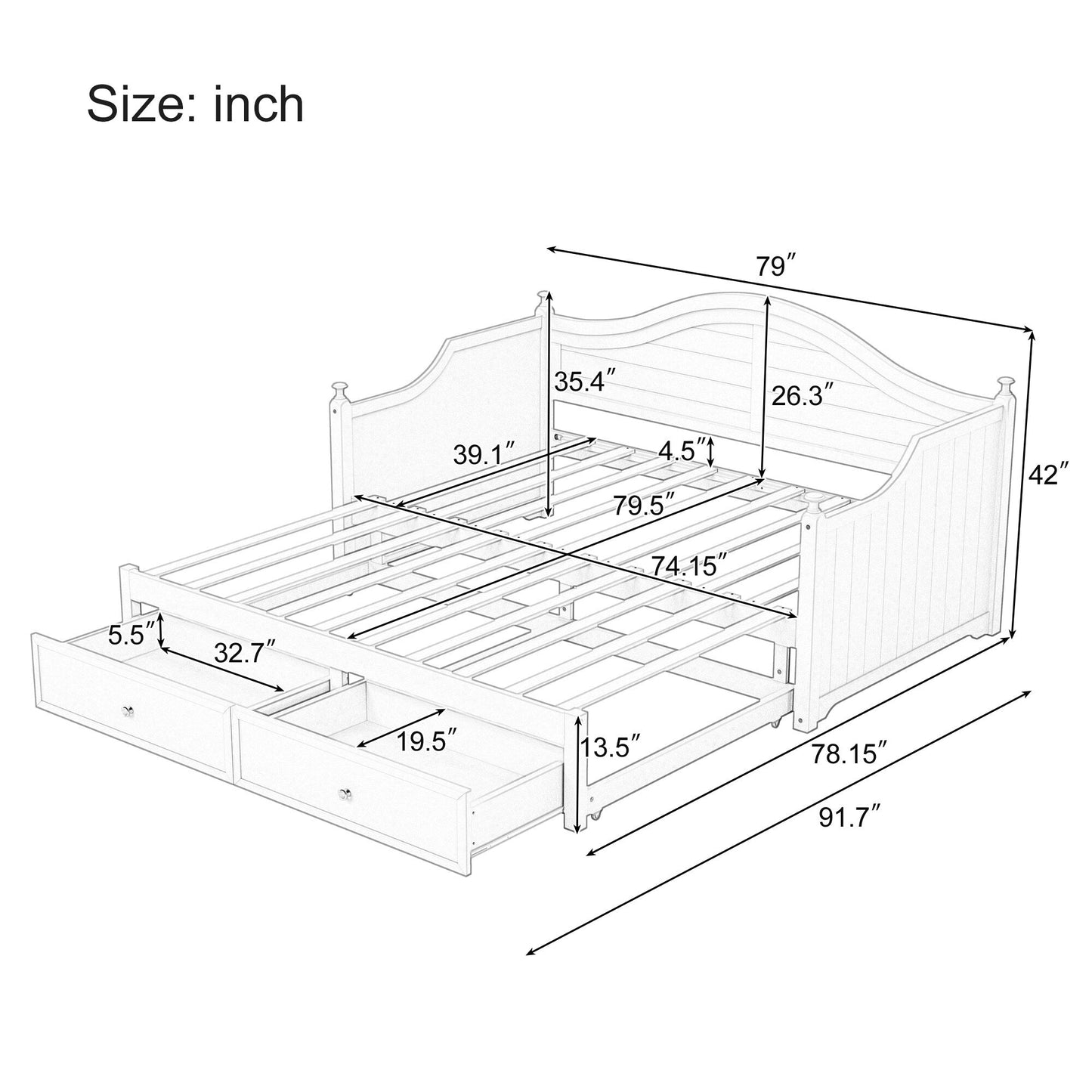 Lit de repos double en bois avec tiroirs de rangement, canapé-lit en bois pour salon, chambre d'amis