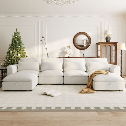 Canapé sectionnel 6 places en lin en forme de U avec 2 poufs de rangement amovibles pour le salon et les home cinémas