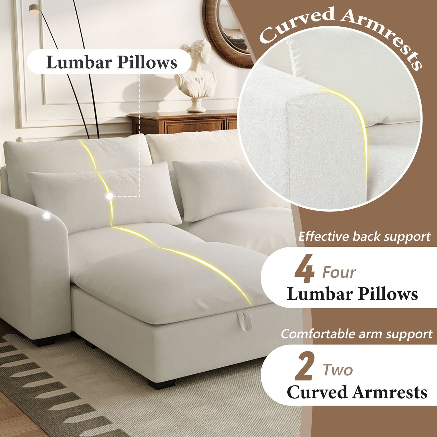 Canapé sectionnel 6 places en lin en forme de U avec 2 poufs de rangement amovibles pour le salon et les home cinémas