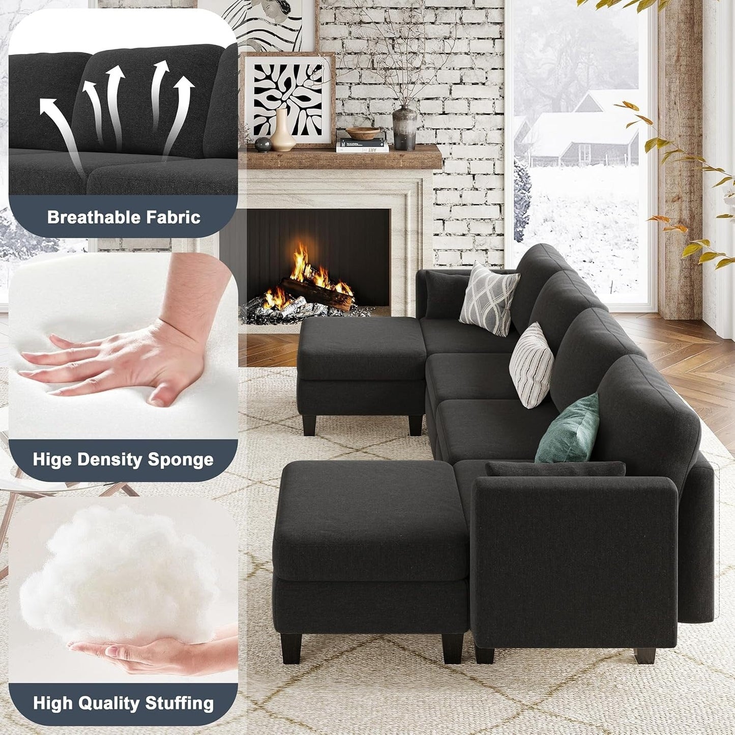 Canapé sectionnel modulaire en U - Canapé convertible 6 places avec mousse à mémoire de forme haute densité, canapé de salon moderne et confortable