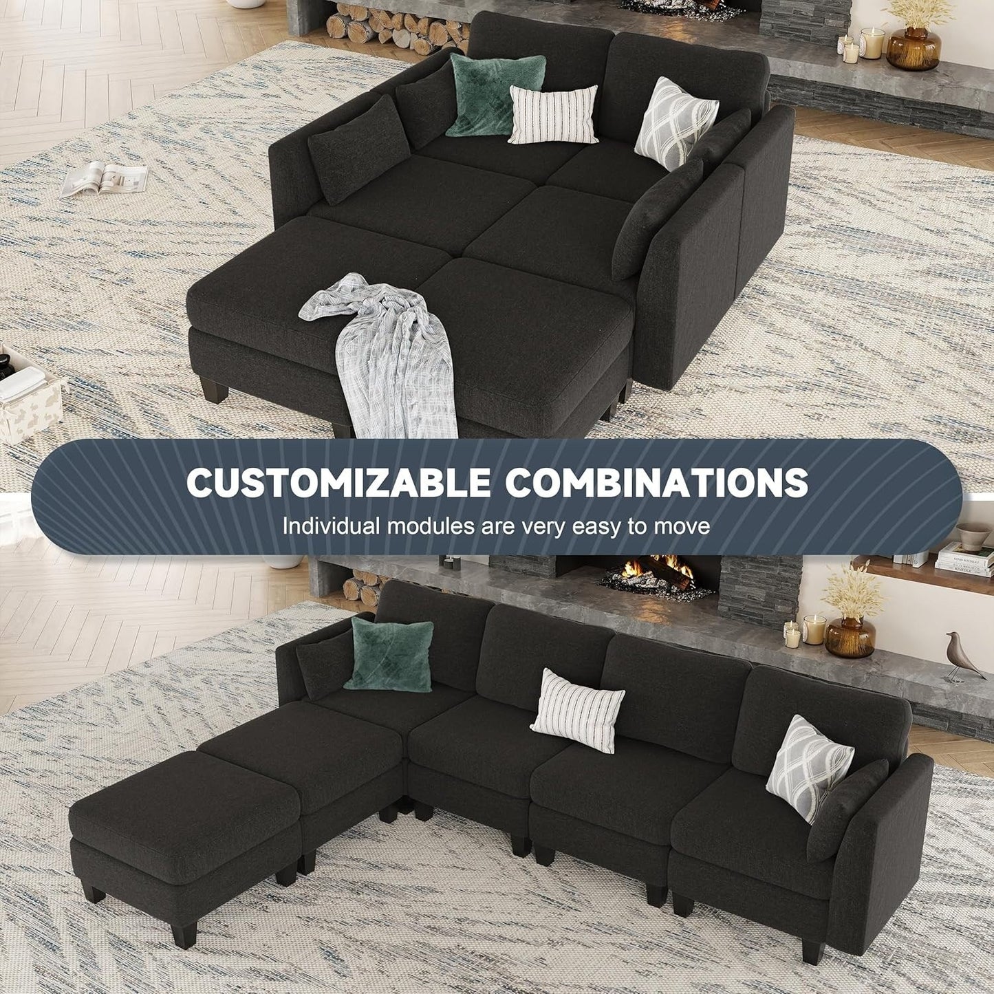 Canapé sectionnel modulaire en U - Canapé convertible 6 places avec mousse à mémoire de forme haute densité, canapé de salon moderne et confortable