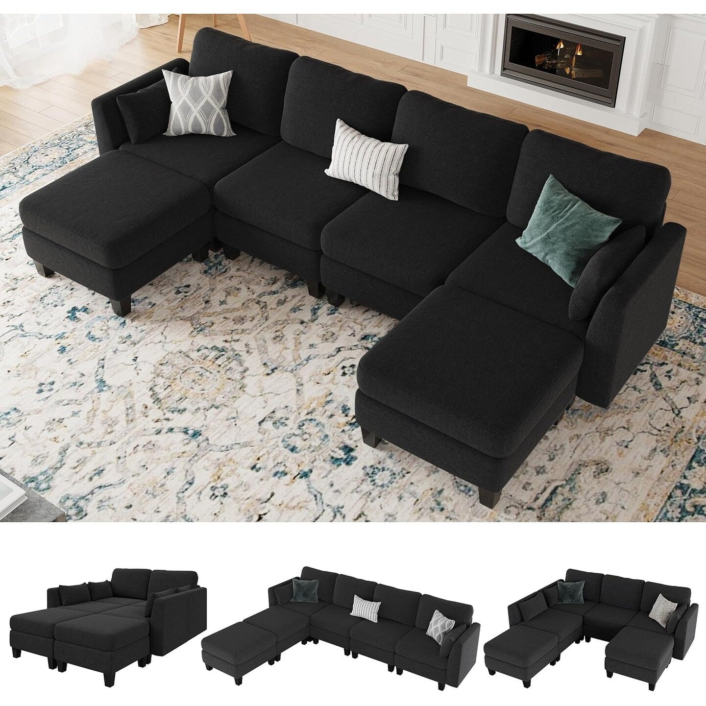 Canapé sectionnel modulaire en U - Canapé convertible 6 places avec mousse à mémoire de forme haute densité, canapé de salon moderne et confortable