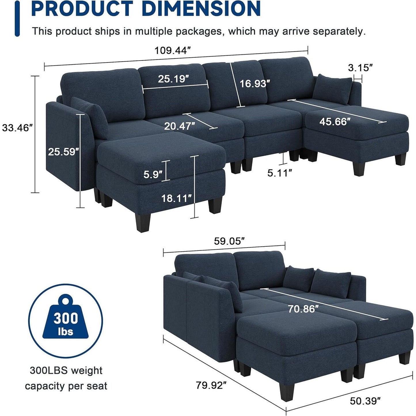 Canapé sectionnel modulaire en U - Canapé convertible 6 places avec mousse à mémoire de forme haute densité, canapé de salon moderne et confortable