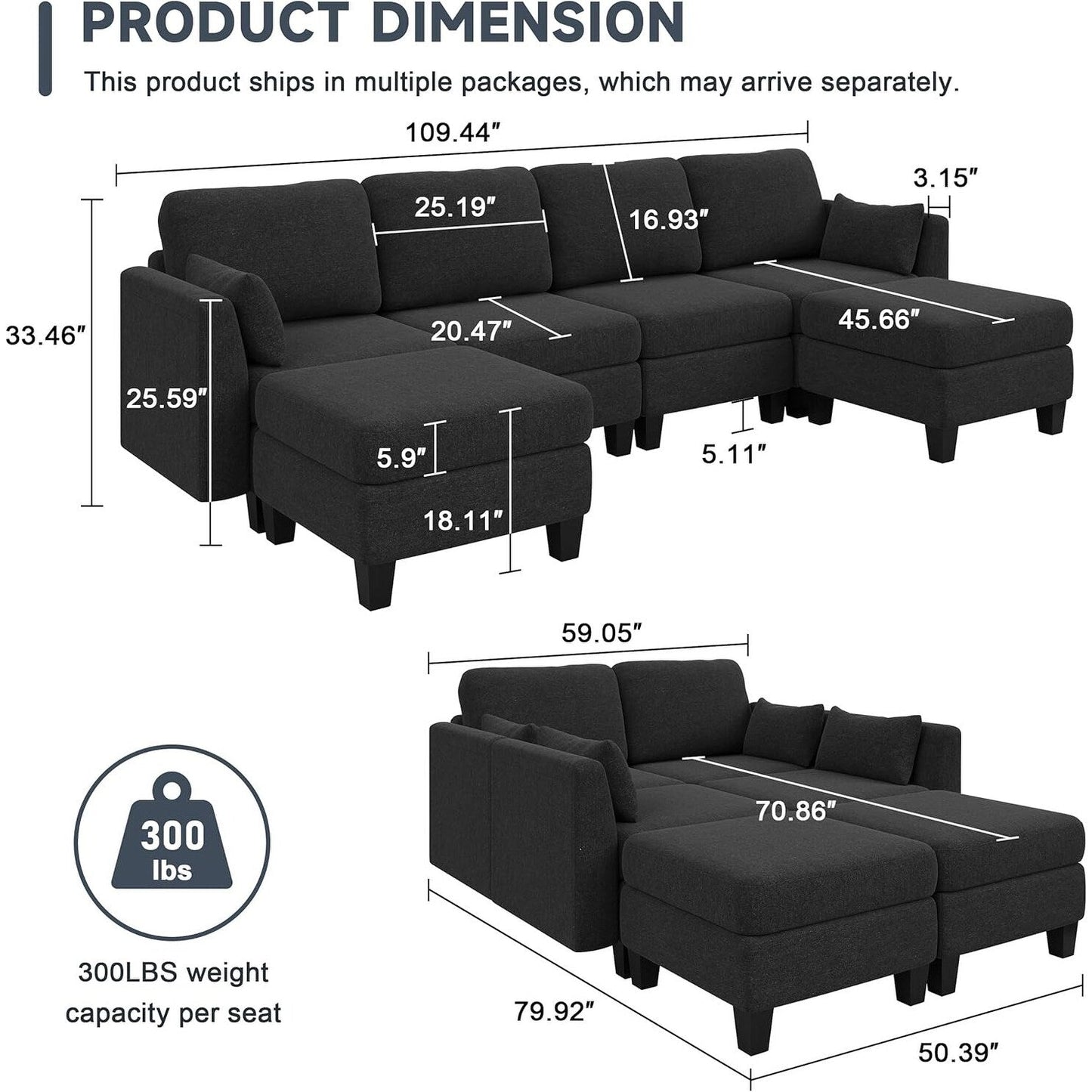 Canapé sectionnel modulaire en U - Canapé convertible 6 places avec mousse à mémoire de forme haute densité, canapé de salon moderne et confortable