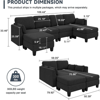 Canapé sectionnel modulaire en U - Canapé convertible 6 places avec mousse à mémoire de forme haute densité, canapé de salon moderne et confortable
