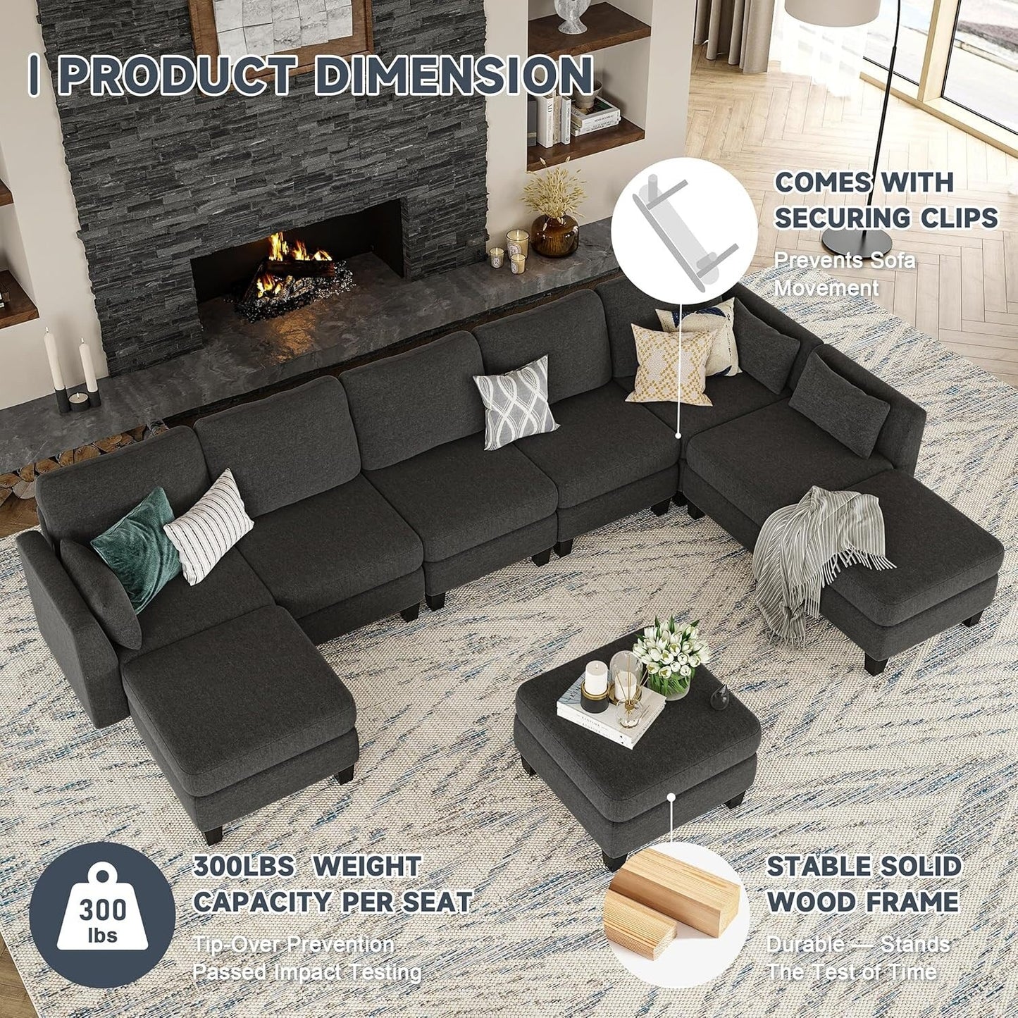 Canapé sectionnel modulaire en U - Canapé convertible 6 places avec mousse à mémoire de forme haute densité, canapé de salon moderne et confortable