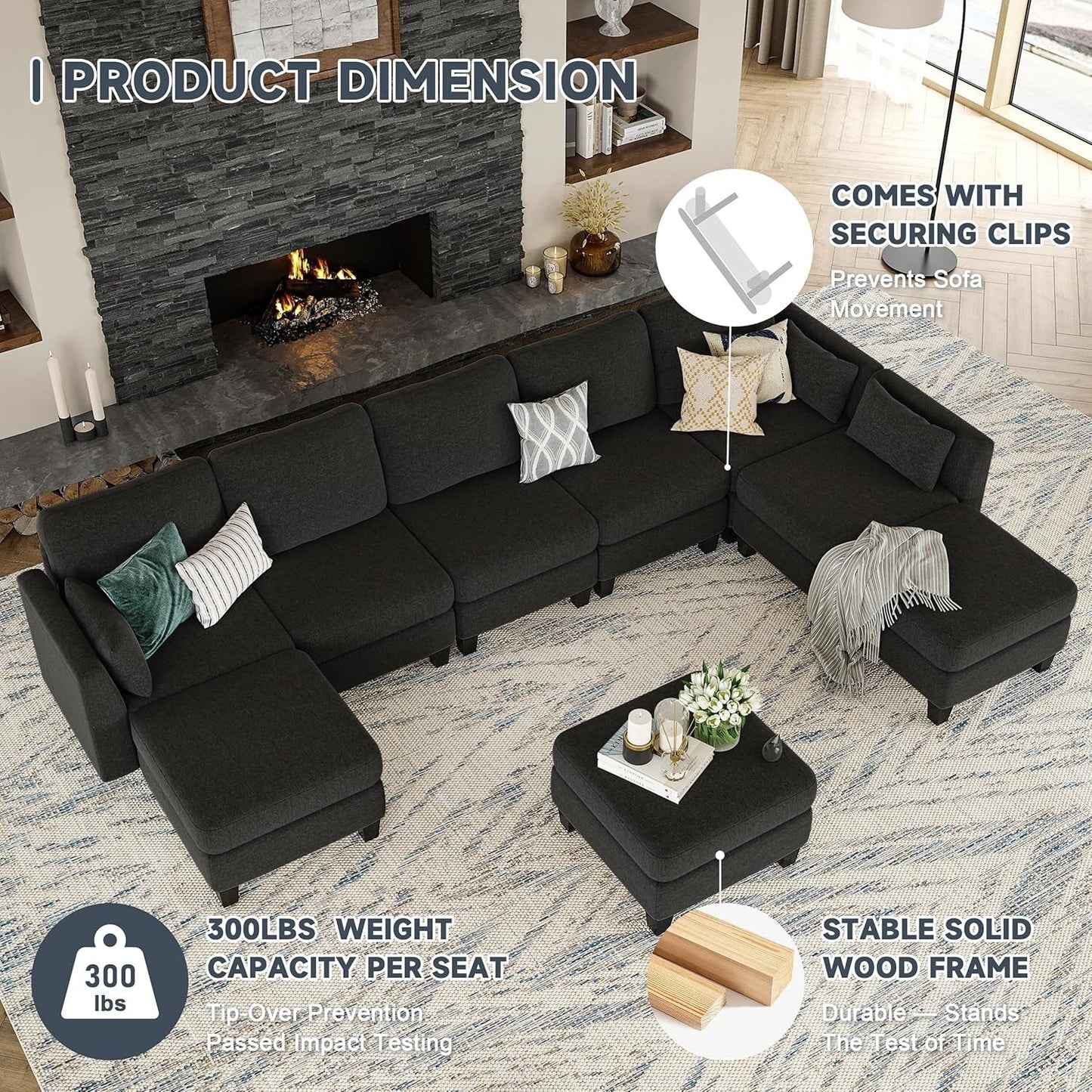 Canapé sectionnel modulaire en U - Canapé convertible 6 places avec mousse à mémoire de forme haute densité, canapé de salon moderne et confortable