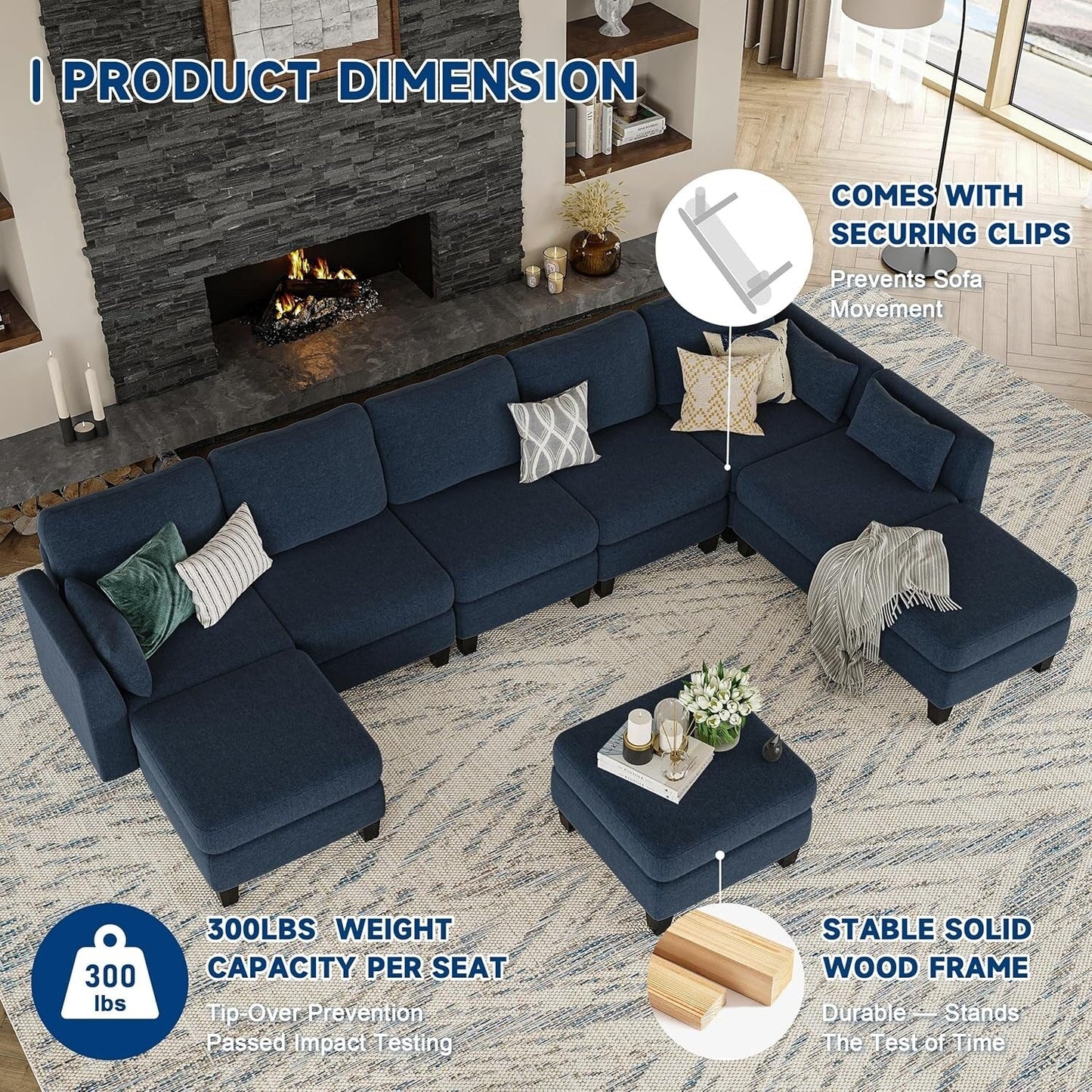 Canapé sectionnel modulaire en U - Canapé convertible 6 places avec mousse à mémoire de forme haute densité, canapé de salon moderne et confortable