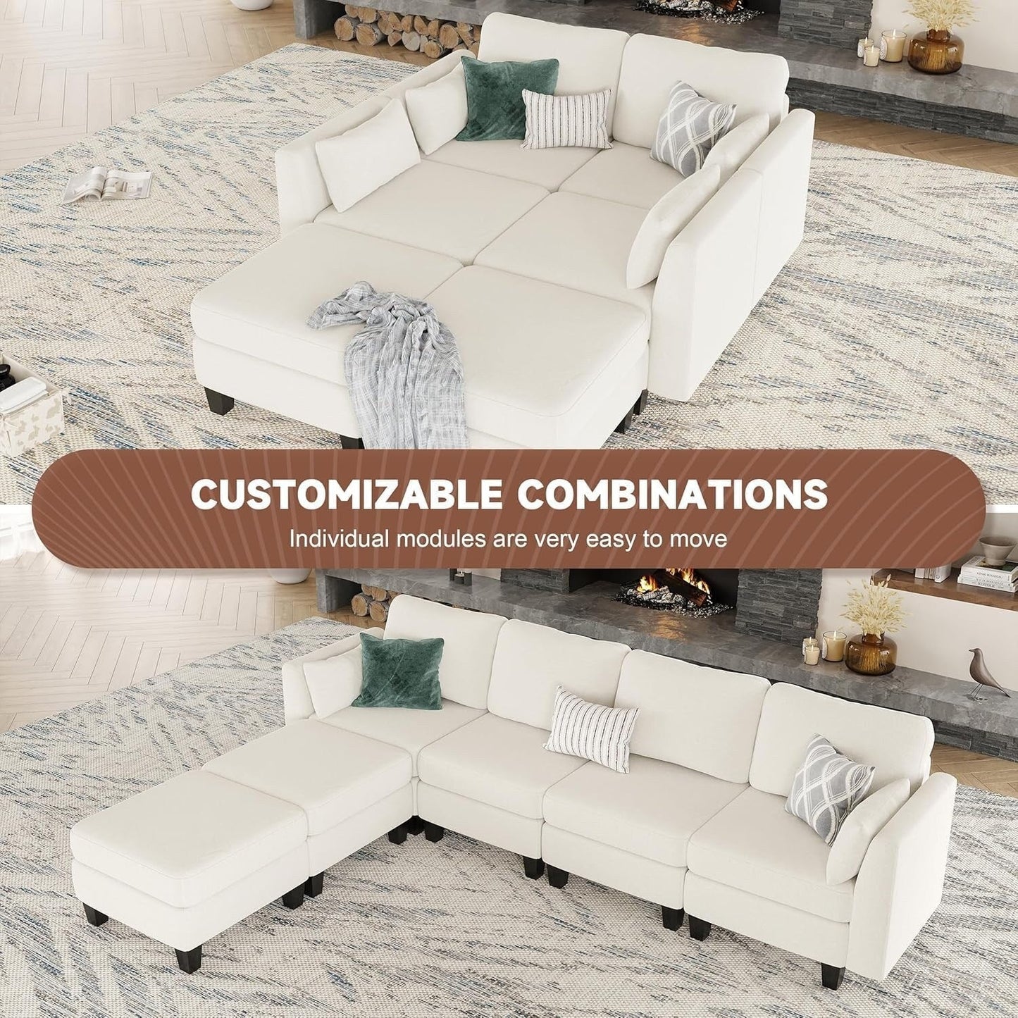 Canapé sectionnel modulaire en U - Canapé convertible 6 places avec mousse à mémoire de forme haute densité, canapé de salon moderne et confortable