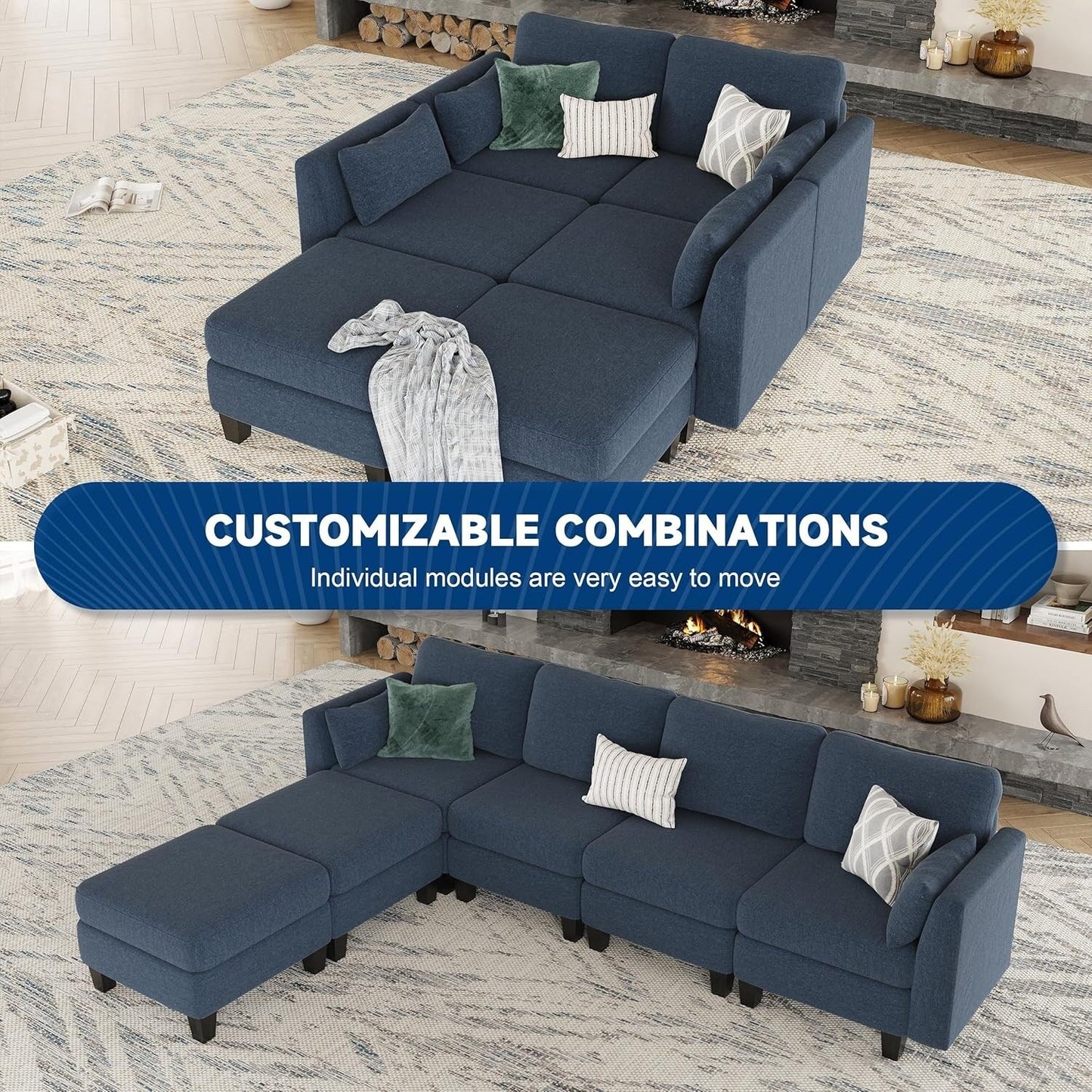 Canapé sectionnel modulaire en U - Canapé convertible 6 places avec mousse à mémoire de forme haute densité, canapé de salon moderne et confortable