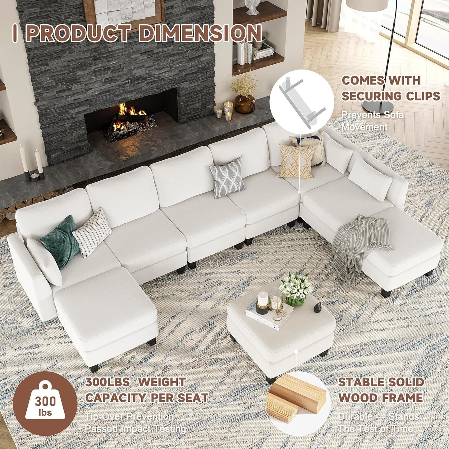 Canapé sectionnel modulaire en U - Canapé convertible 6 places avec mousse à mémoire de forme haute densité, canapé de salon moderne et confortable