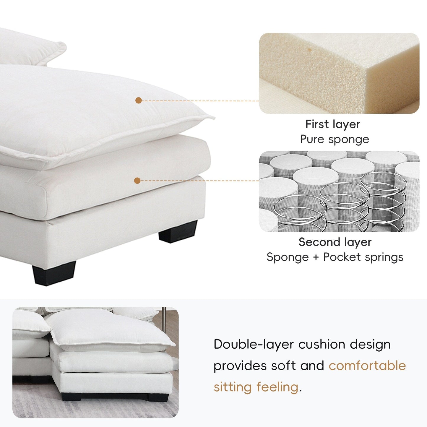 Canapé sectionnel en U avec coussins de taille, canapé symétrique rembourré 6 places, canapé-lit avec méridienne