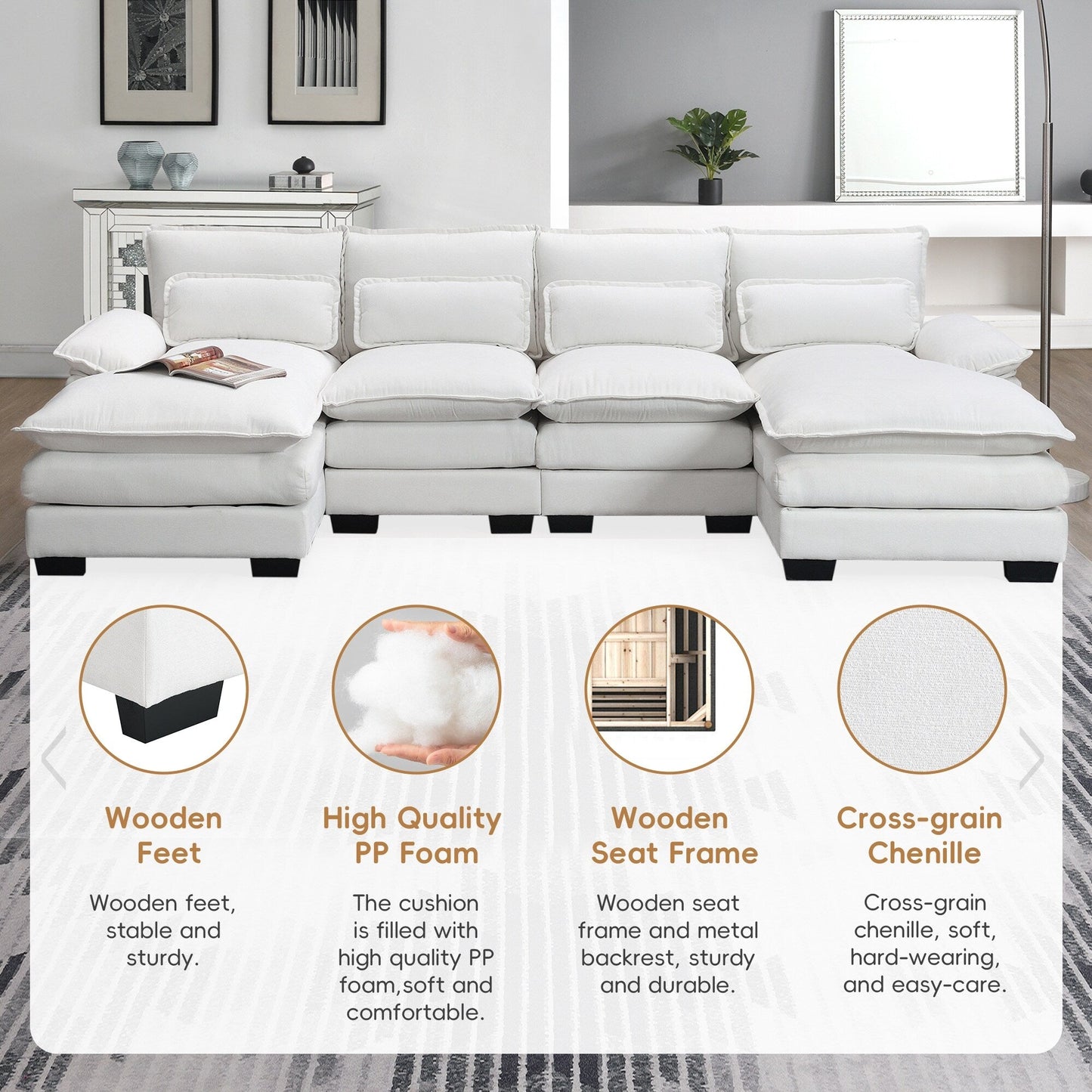 Canapé sectionnel en U avec coussins de taille, canapé symétrique rembourré 6 places, canapé-lit avec méridienne