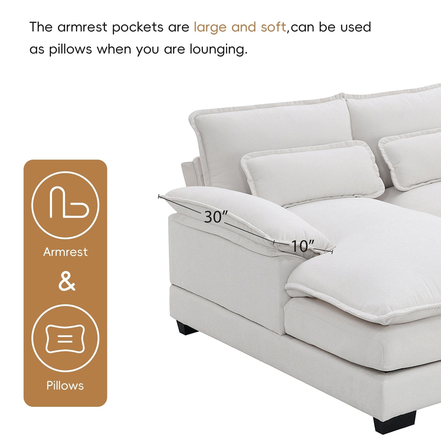 Canapé sectionnel en U avec coussins de taille, canapé symétrique rembourré 6 places, canapé-lit avec méridienne