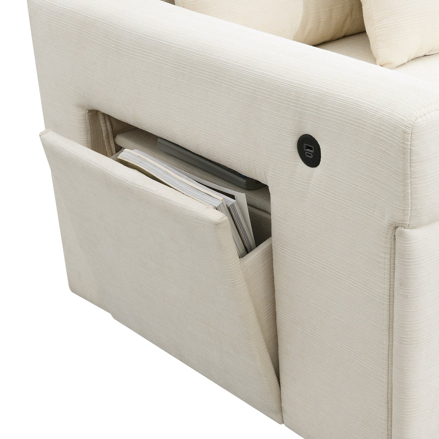 Canapé sectionnel en U, ensemble de canapés en chenille avec pouf, rangement dissimulé dans l'accoudoir et porte-gobelets, ports de chargement USB