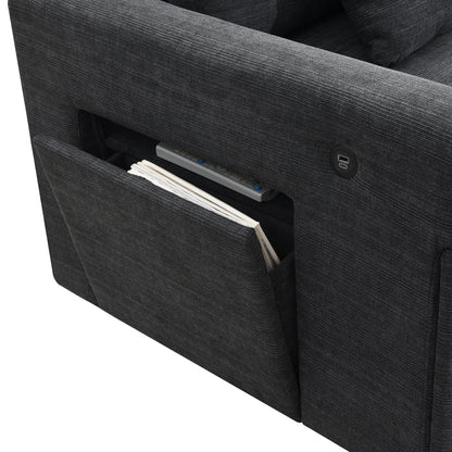 Canapé sectionnel en U, ensemble de canapés en chenille avec pouf, rangement dissimulé dans l'accoudoir et porte-gobelets, ports de chargement USB