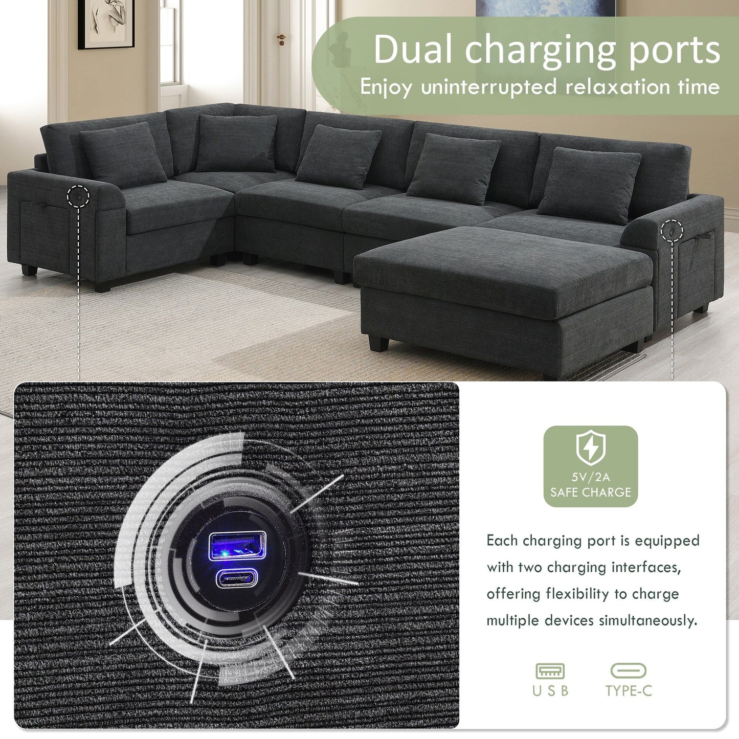 Canapé sectionnel en U, ensemble de canapés en chenille avec pouf, rangement dissimulé dans l'accoudoir et porte-gobelets, ports de chargement USB