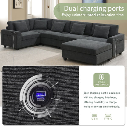 Canapé sectionnel en U, ensemble de canapés en chenille avec pouf, rangement dissimulé dans l'accoudoir et porte-gobelets, ports de chargement USB