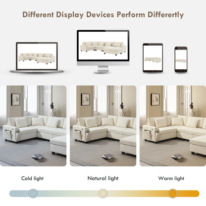 Canapé sectionnel en U, ensemble de canapés en chenille avec pouf, rangement dissimulé dans l'accoudoir et porte-gobelets, ports de chargement USB