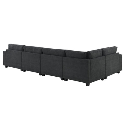 Canapé sectionnel en U, ensemble de canapés en chenille avec pouf, rangement dissimulé dans l'accoudoir et porte-gobelets, ports de chargement USB