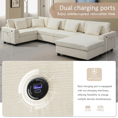 Canapé sectionnel en U, ensemble de canapés en chenille avec pouf, rangement dissimulé dans l'accoudoir et porte-gobelets, ports de chargement USB