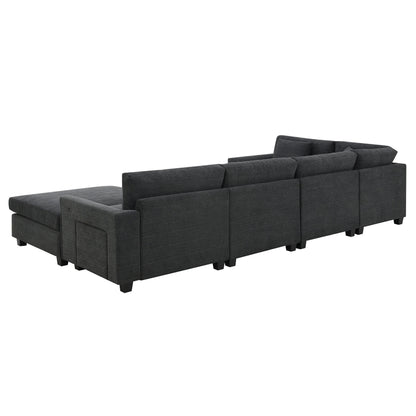 Canapé sectionnel en U, ensemble de canapés en chenille avec pouf, rangement dissimulé dans l'accoudoir et porte-gobelets, ports de chargement USB