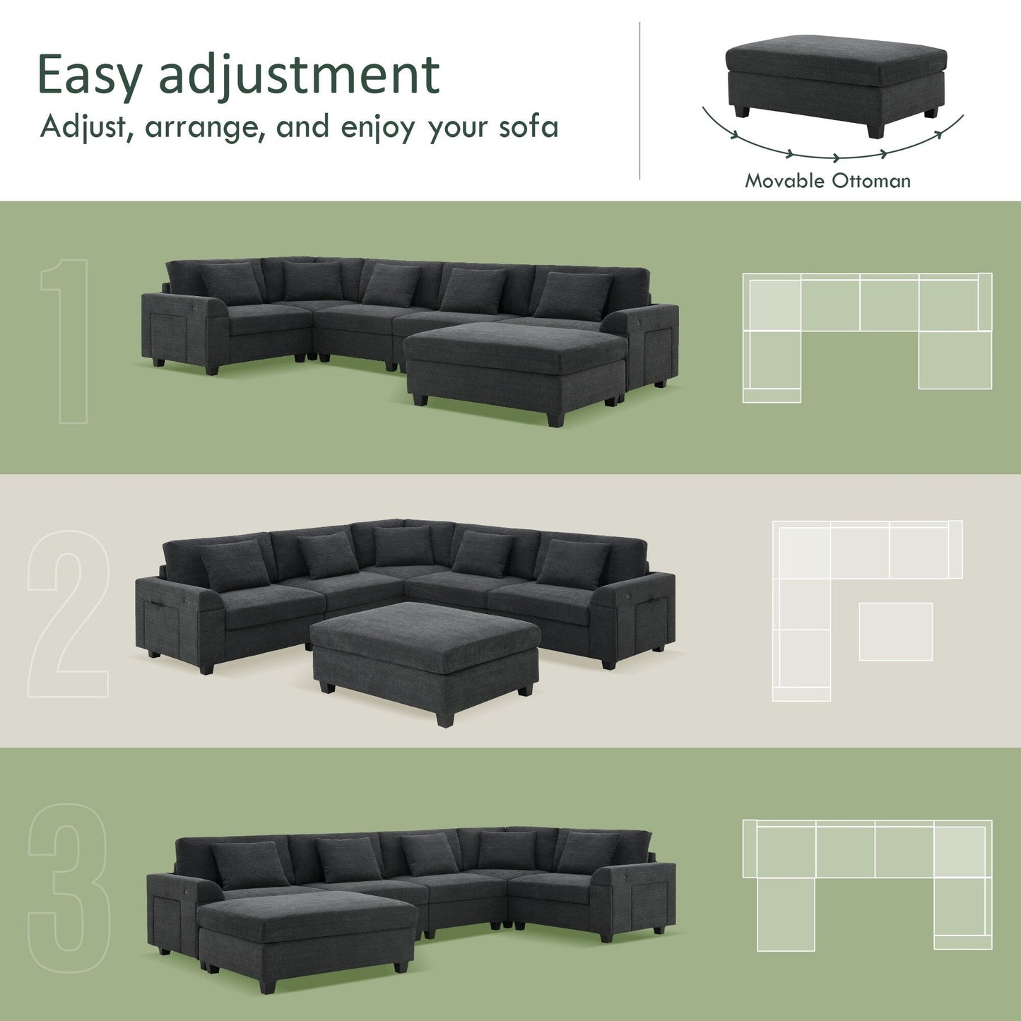 Canapé sectionnel en U, ensemble de canapés en chenille avec pouf, rangement dissimulé dans l'accoudoir et porte-gobelets, ports de chargement USB