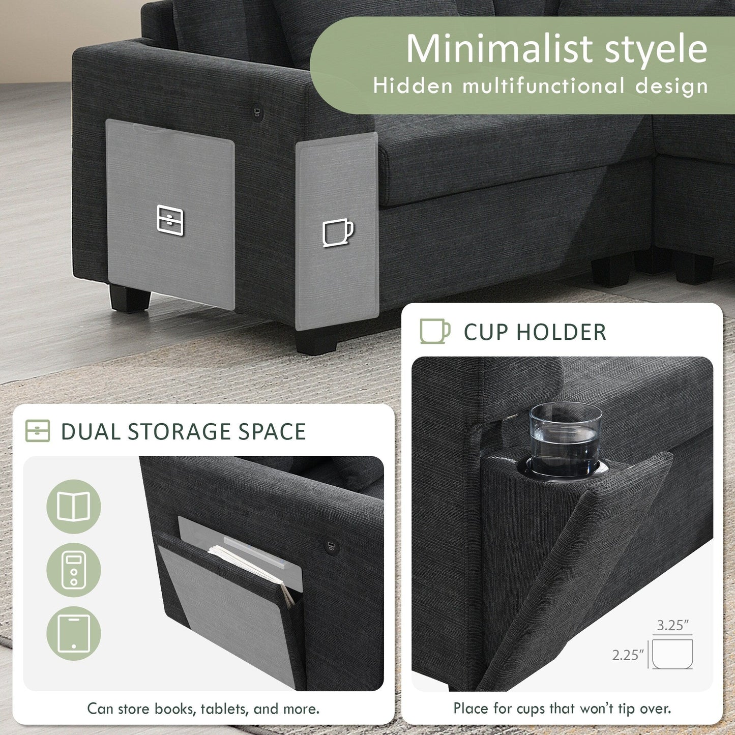 Canapé sectionnel en U, ensemble de canapés en chenille avec pouf, rangement dissimulé dans l'accoudoir et porte-gobelets, ports de chargement USB