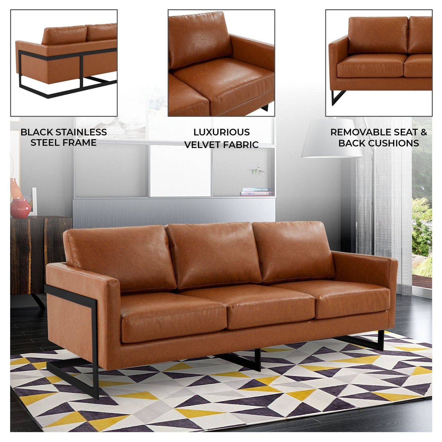 Canapé 3 places minimaliste en cuir rembourré avec coussins amovibles en acier inoxydable pour salon et chambre à coucher