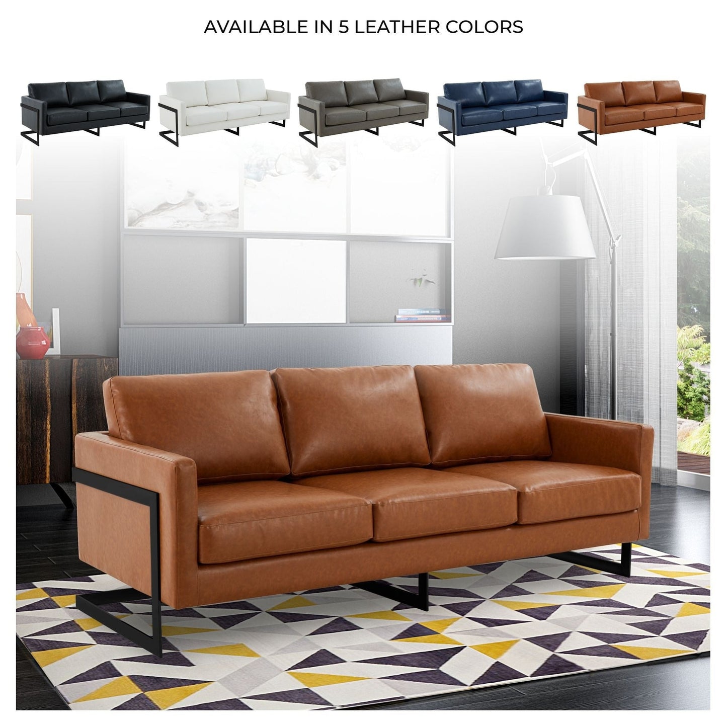 Canapé 3 places minimaliste en cuir rembourré avec coussins amovibles en acier inoxydable pour salon et chambre à coucher