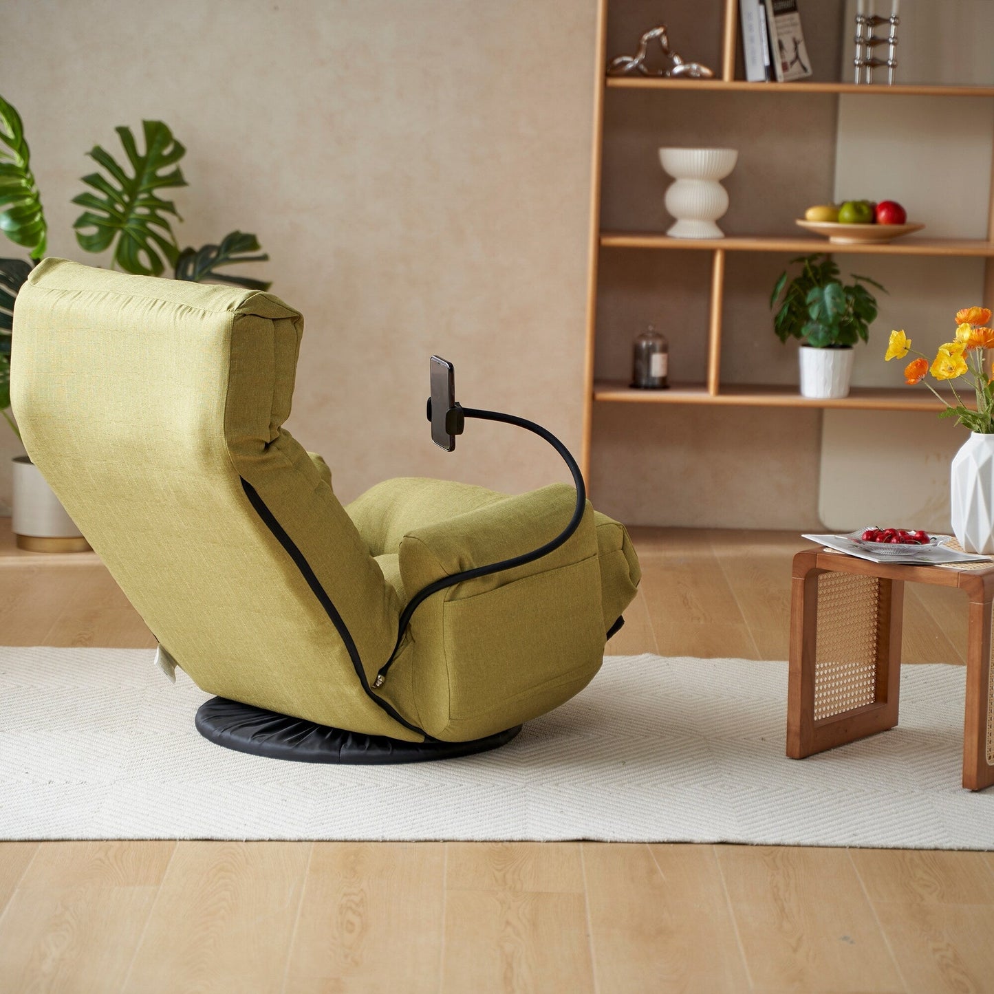 Fauteuil inclinable manuel pivotant à 360° rembourré avec support pour téléphone portable, appui-tête et dossier réglables