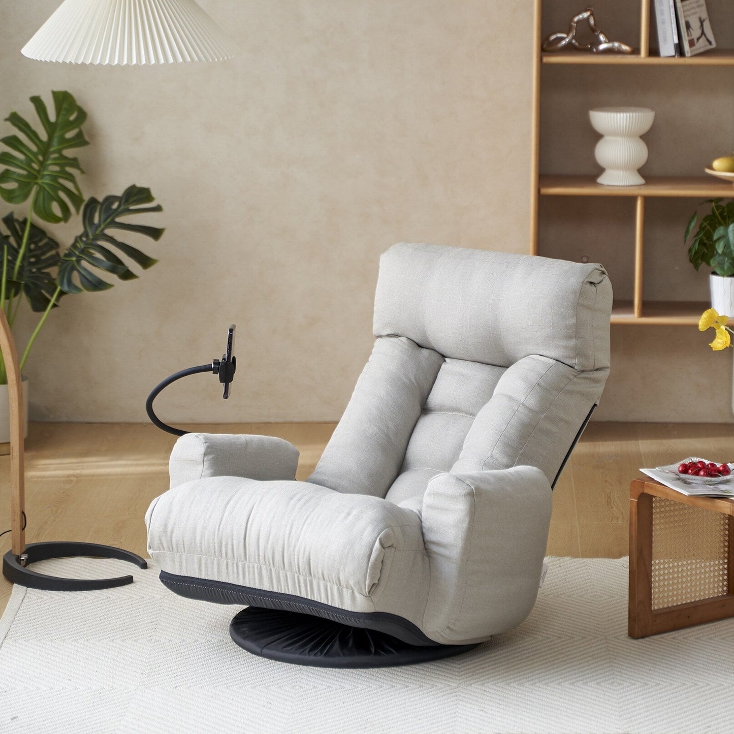 Fauteuil inclinable manuel pivotant à 360° rembourré avec support pour téléphone portable, appui-tête et dossier réglables