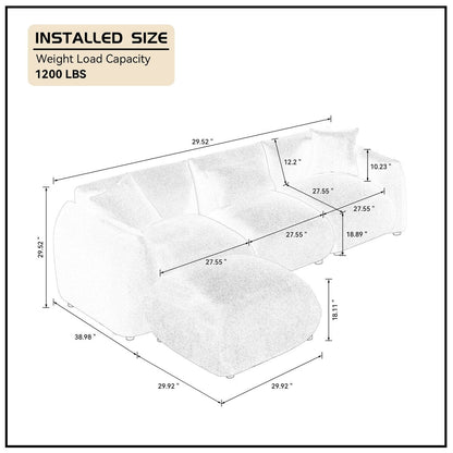 Canapé sectionnel blanc rembourré et confortable en duvet d'agneau doux avec pouf