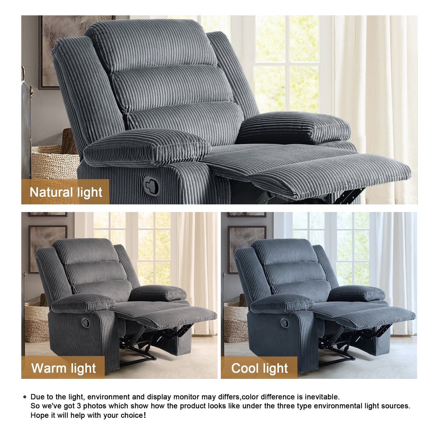 Fauteuil inclinable manuel rembourré en velours côtelé de coton avec accoudoirs larges