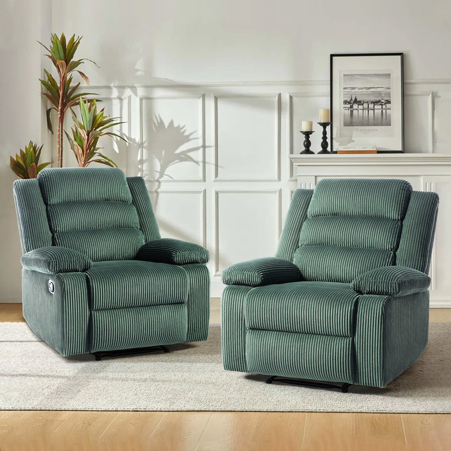 Fauteuil inclinable manuel rembourré en velours côtelé de coton avec accoudoirs larges