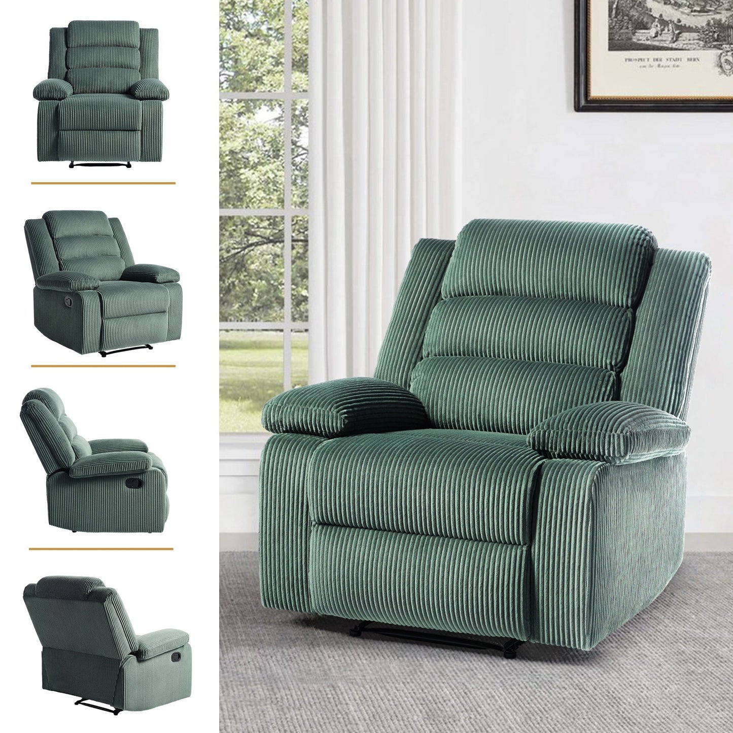 Fauteuil inclinable manuel rembourré en velours côtelé de coton avec accoudoirs larges