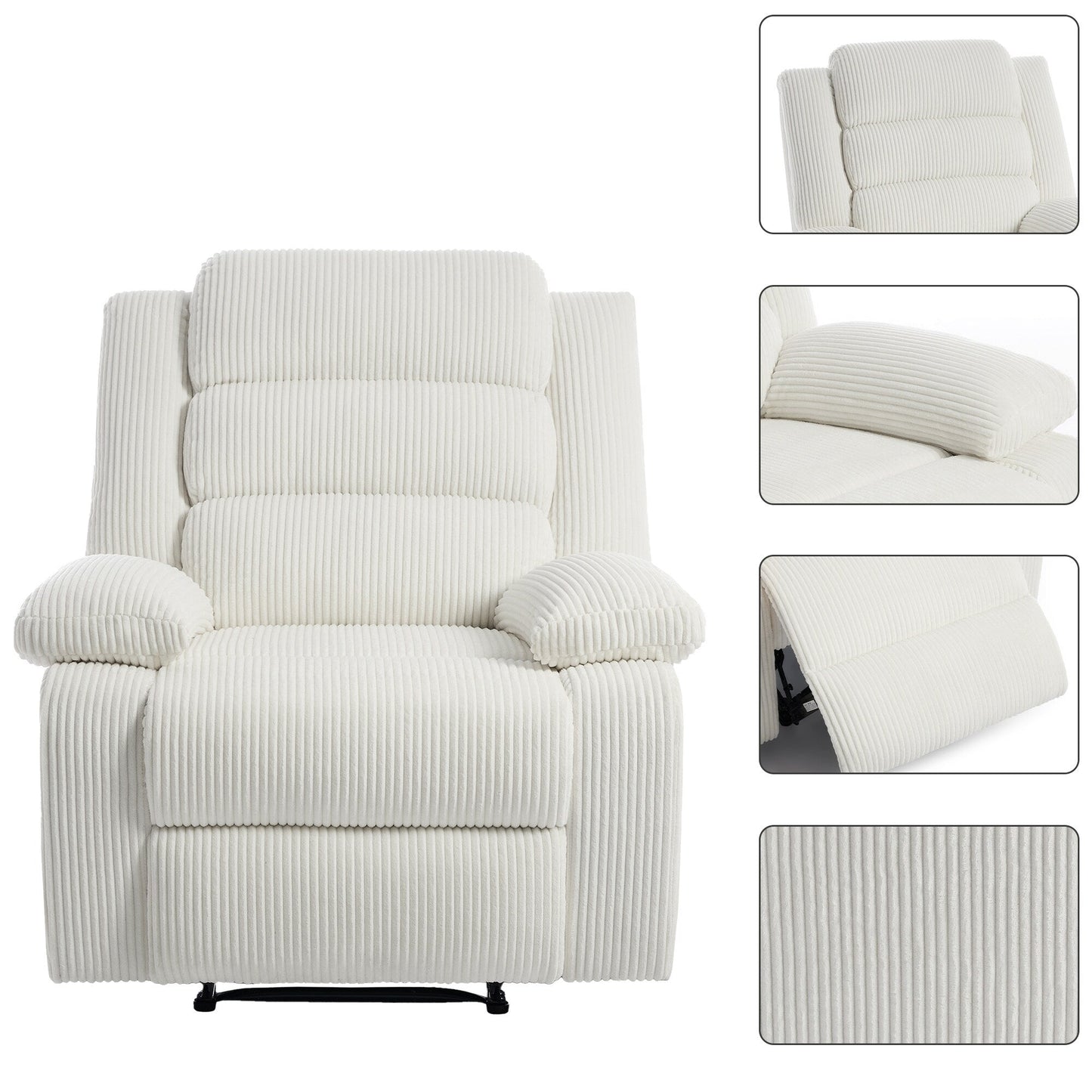 Fauteuil inclinable manuel rembourré en velours côtelé de coton avec accoudoirs larges