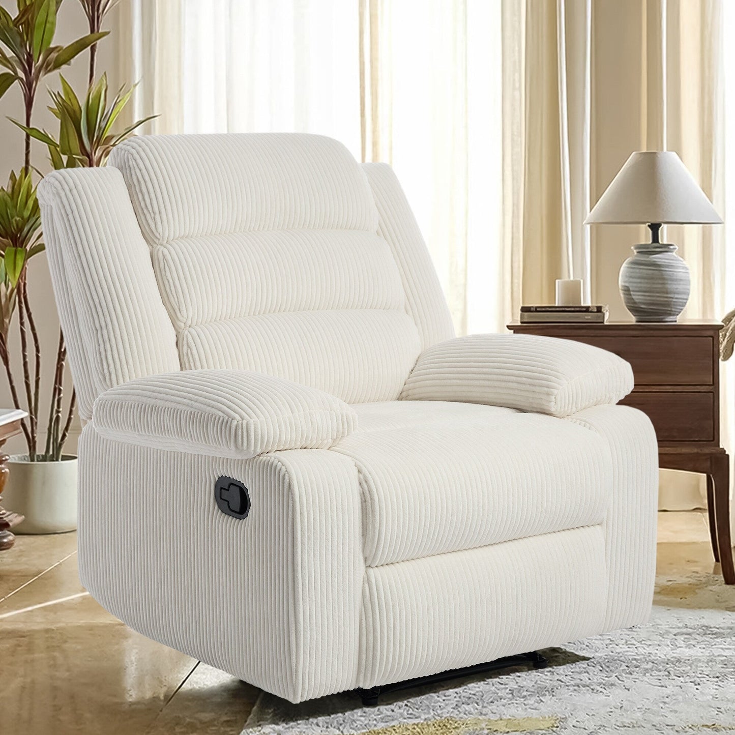 Fauteuil inclinable manuel rembourré en velours côtelé de coton avec accoudoirs larges