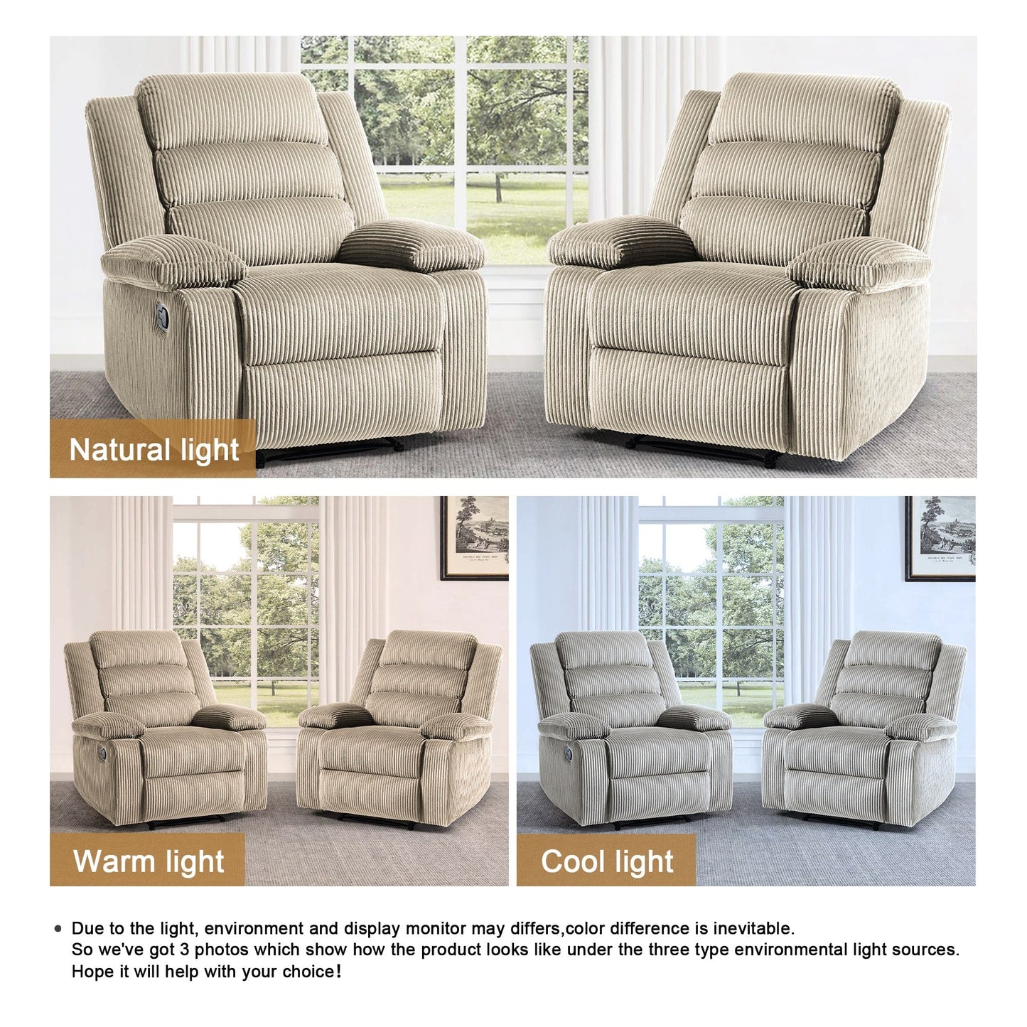 Fauteuil inclinable manuel rembourré en velours côtelé de coton avec accoudoirs larges