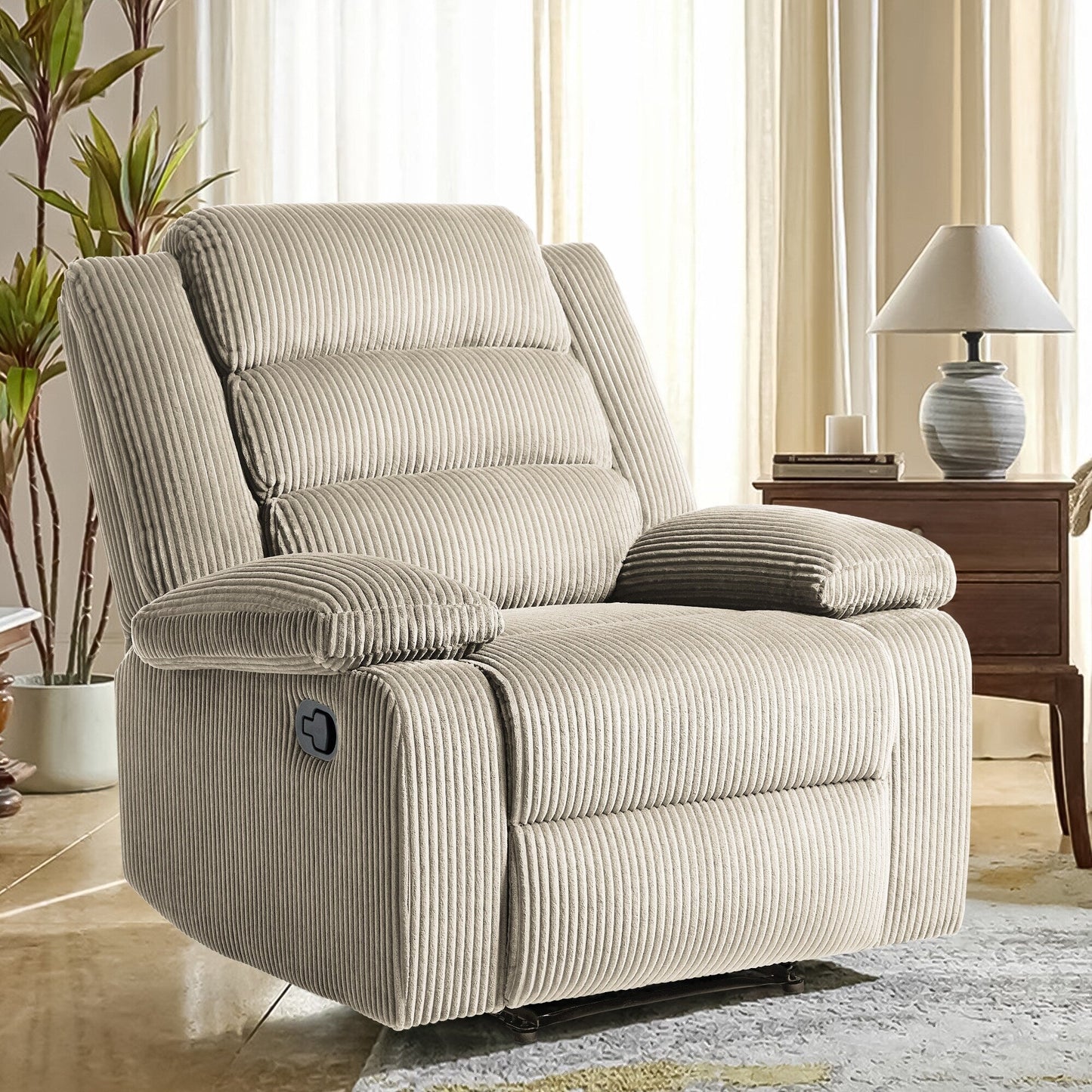 Fauteuil inclinable manuel rembourré en velours côtelé de coton avec accoudoirs larges