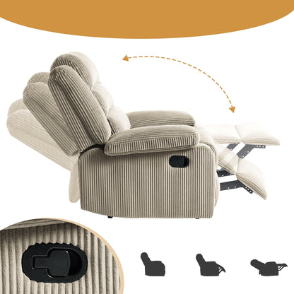 Fauteuil inclinable manuel rembourré en velours côtelé de coton avec accoudoirs larges